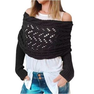 Hand Knitted Black Long Sleeve Wrap Sweater Scarf Shawl